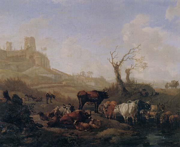 William Romeyn Cattle and sheep by a stream in a pasture,a town beyond